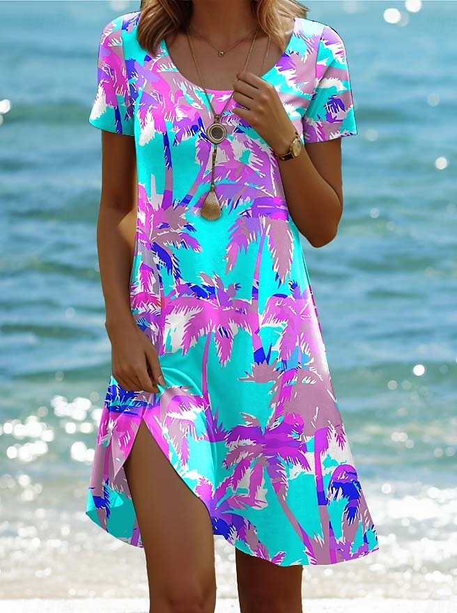 Damen Minikleid Casual kleid Böhmen Urlaub Tropisch Kappe Urlaub Festtage Strand Regular Fit Farbverlauf Graphic Tropisch Kurzarm Rundhalsausschnitt Weiß Rosa Blau Purpur Sommer Frühling 2025 - $23.99 –P1