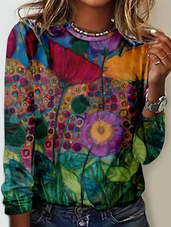 Women's T Shirt Floral Graphic Casual Long Sleeve Crew Neck Regular Tops Daily Print Light Brown Spring Fall 2025 - $22.99 –P1