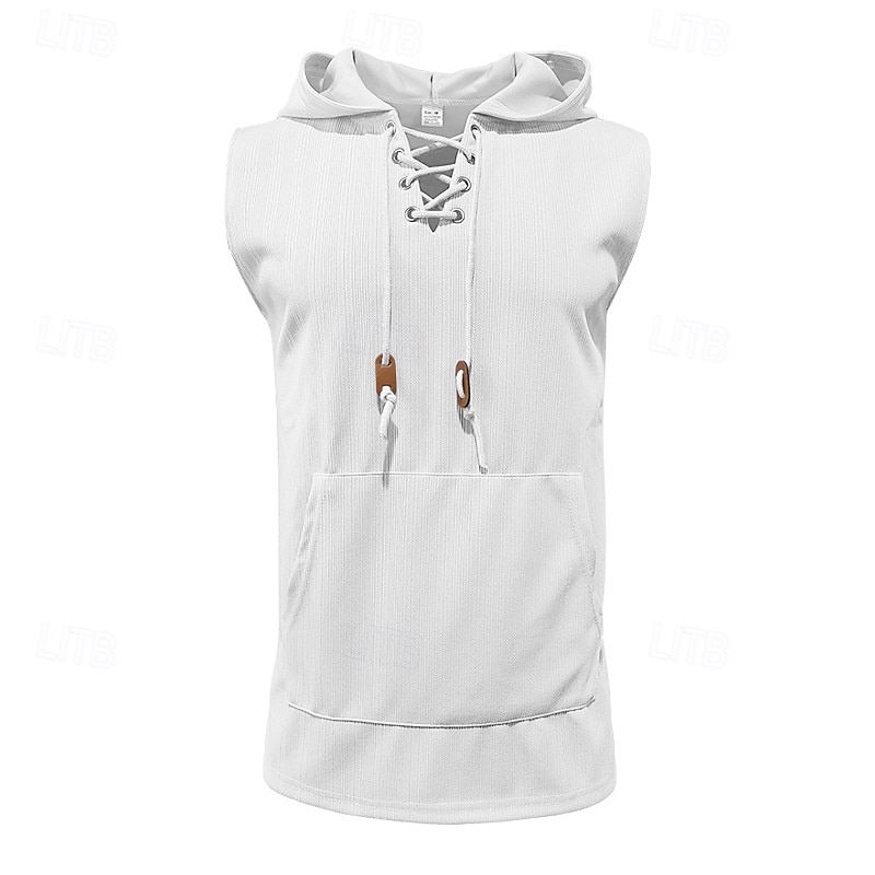 Homens Malha Íntima Moletom sem mangas camisa sem manga Sem Manga Com Capuz Verão Pit Strip Moda Designer Músculo Cordões Bolsos Ao ar livre Ginásio Preto Branco cáqui Top Tee para Homens de 2025 por $17.99 –P6