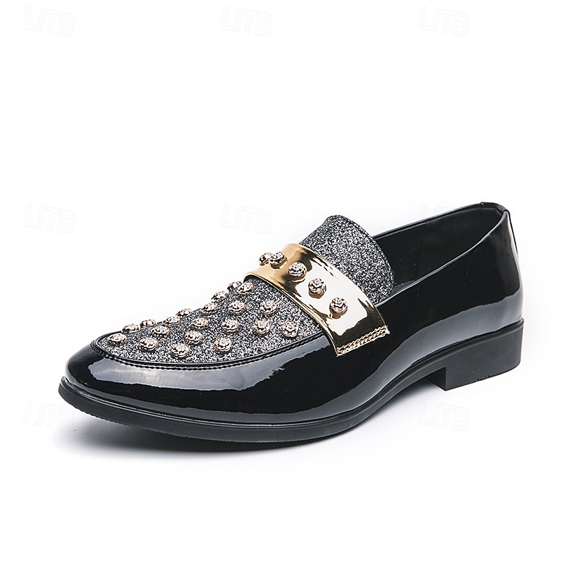 mocassini da uomo in vernice nera con dettagli borchiati e cinturino dorato, scarpe casual alla moda per feste ed eventi speciali del 2025 a $42.99 –P2
