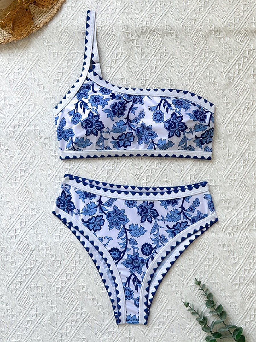 Dam Badkläder Bikini 2 st Kalsonger Baddräkt Öppen rygg Smal Semester Standkläder Blommig Asymmetrisk hals Ärmlös Baddräkter 2025 - AU $36.08 –P3