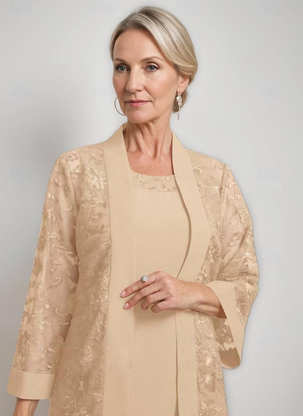 Mother of the Bride Dress Set Elegant Vintage Simple Jewel Neck Tea Length Chiffon FLoral Lace Long Sleeve with Jacket 2025 - $185.99 –P6