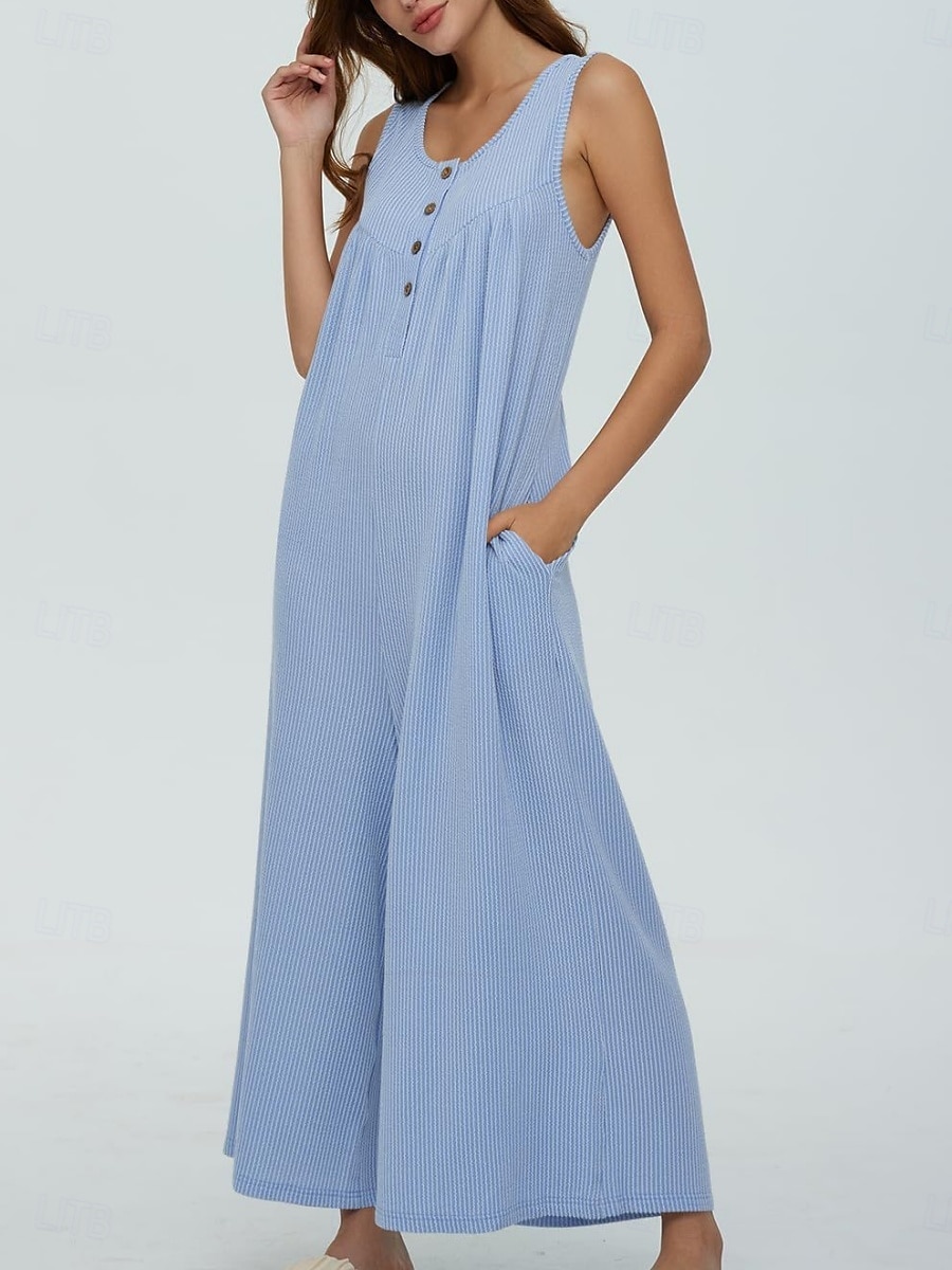 Női Szabályos Jumpsuitek Aktív Tömör szín Ujjatlan U-alakú Gombok Zseb Vakáció Napi Normál Fekete Sötétkék Medence Nyár 2025 - $32.99 -P1