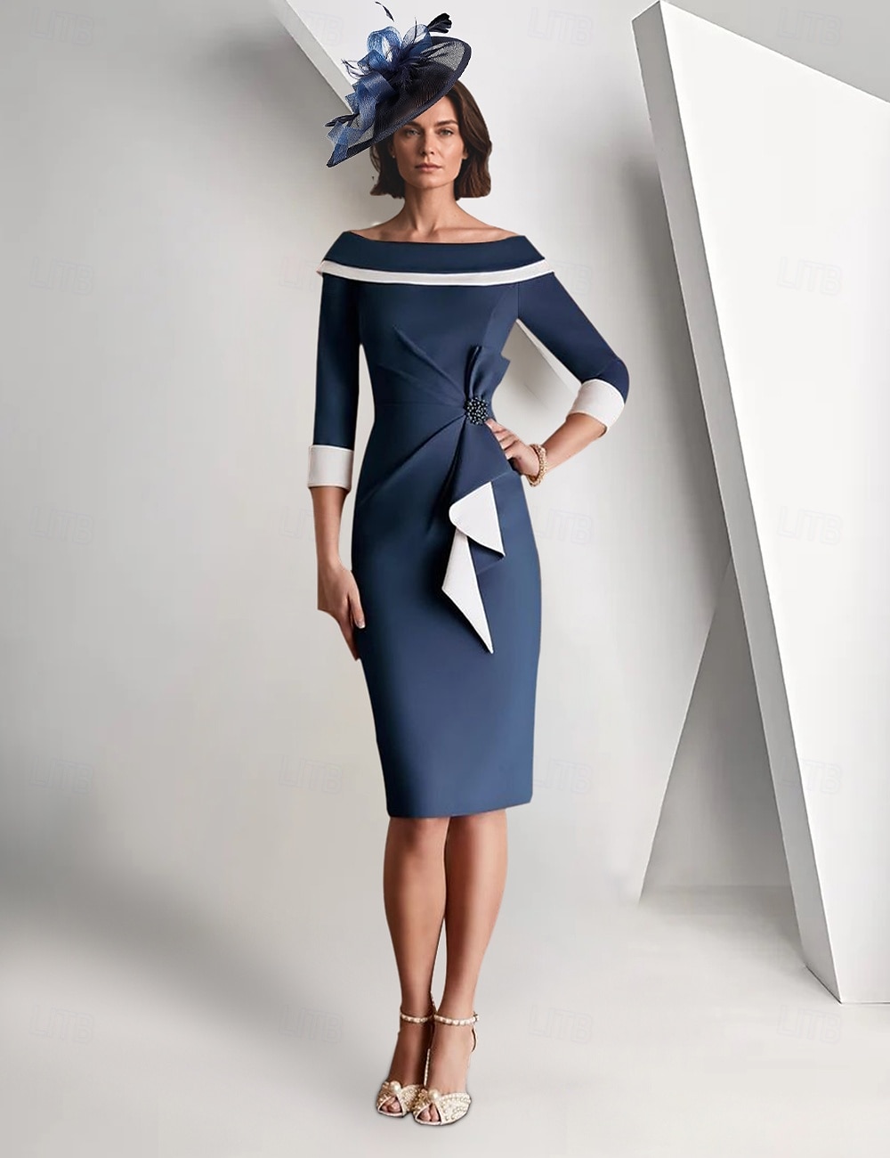Sheath / Column Mother of the Bride Dress Elegant Vintage Simple Off Shoulder Tea Length Crepe 3/4 Length Sleeve Jacket Dresses with Ruffles Color Block Race Day Dress 2025 - $172.99 –P1