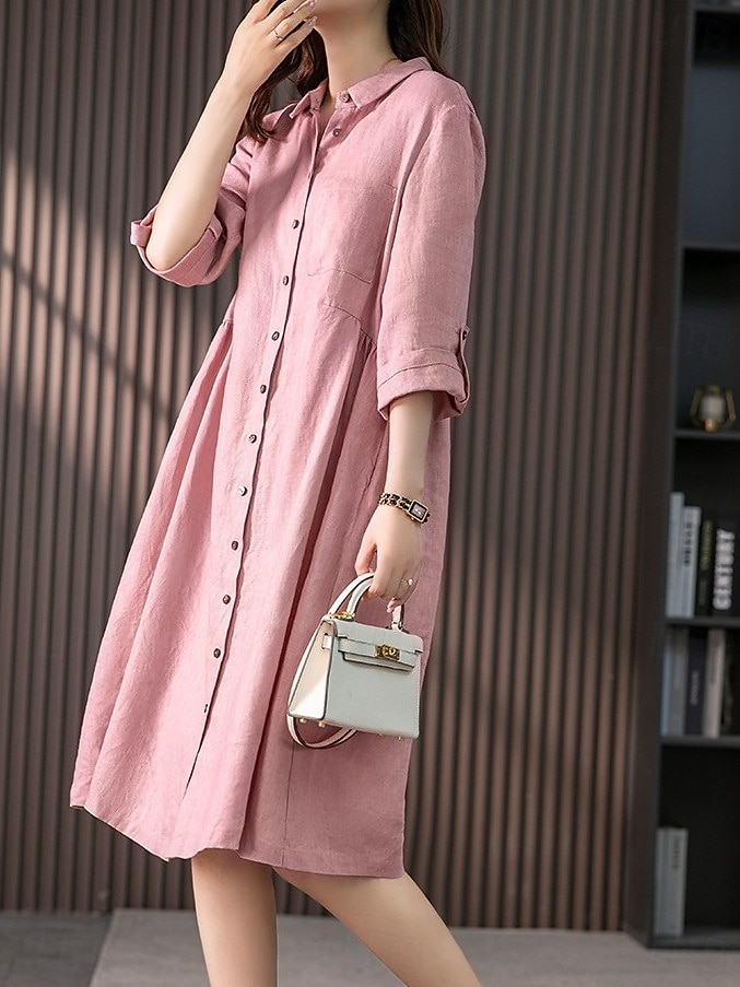 Per donna Vestito longuette Abito casual Abito in cotone e lino Abito linea A Essenziale Informale Da mare Giornaliero Standard Liscio Manica a 3/4 Colletto Rosa Verde Estate Primavera Autunno del 2025 a $35.99 –P4