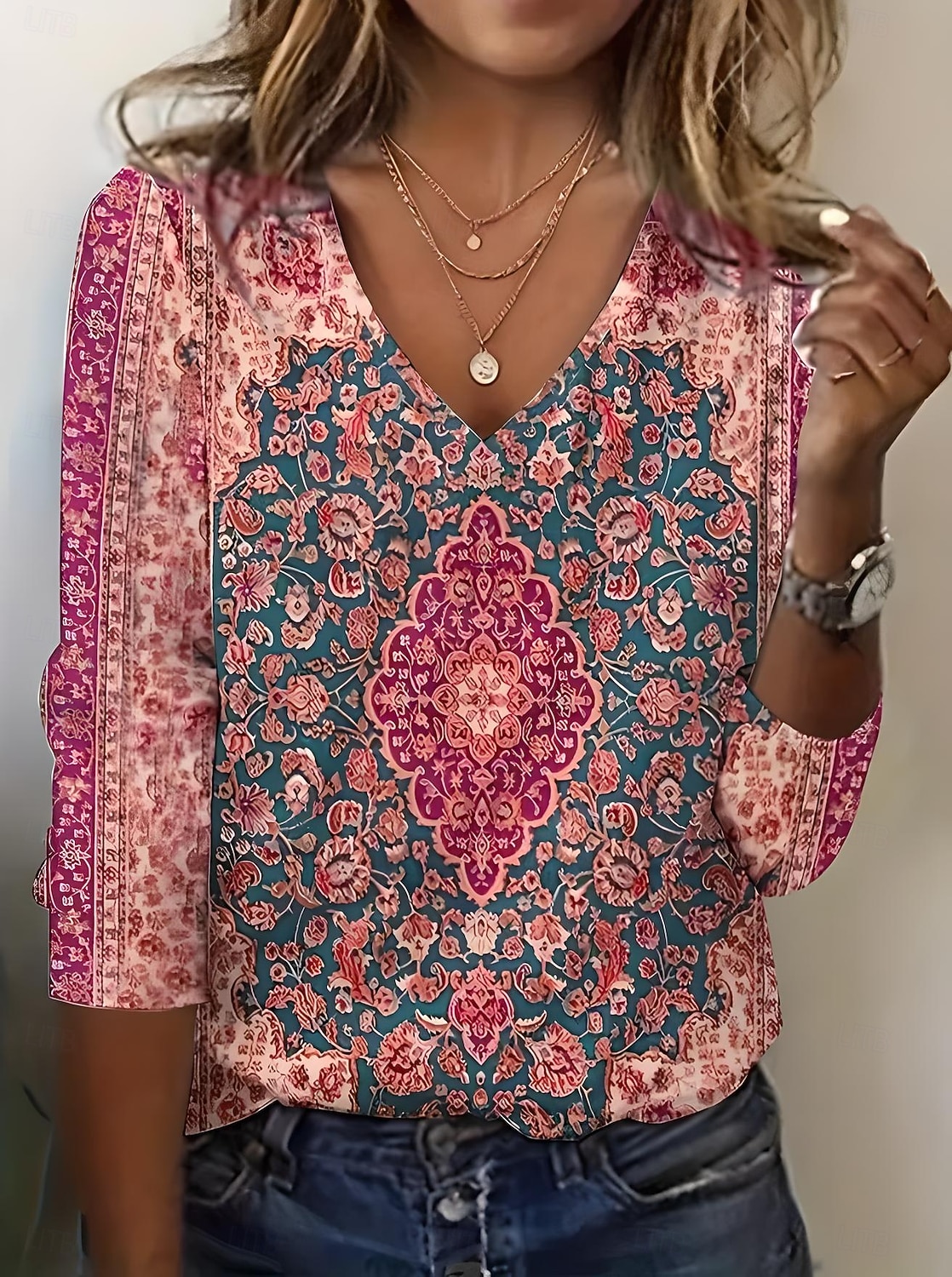 Γυναικείο T-Shirt V Κόψη Μακρύ Μανίκι Τουνίκ Floral Vintage Elegant Vintage Κανονικά Τοπ Καθημερινή Εκτύπωση Κόκκινο Άνοιξη Φθινόπωρο 2025 - $22.99 –P1