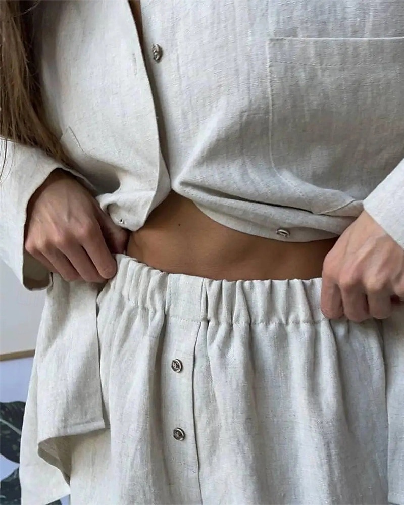 Pentru femei Modă Șic Stradă Cămașă Seturi inspirate de in Seturi din două piese Pantaloni scurți de plajă Pantaloni scurți largi Manșon Lung Guler Cămașă Culoare solidă Cordon Vacanță Purtare Zilnică 2025 - $27.99 –P7