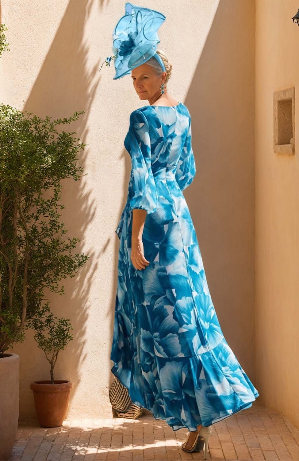 A-Line Mother of the Bride Dress Floral Print Elegant Simple Minimalist V Neck Floor Length Bubble Sleeve Chiffon with Pleats Race Day Dress Wedding Guest Dress 2025 - $154.99 –P2