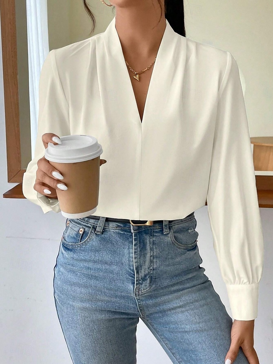 Dame Skjorte Bluse Helfarge Stilfull Fritid Langermet V-hals Vanlige topper Daglig Knapper Lomme Svart Hvit Gul Blå Grønn Sommer Vår 2025 - $31.99 –P34