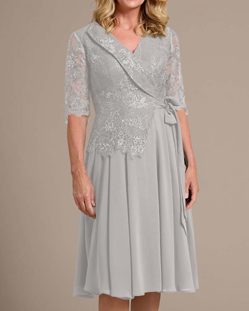 A-linie šaty matka nevěsty blazer šaty elegantní vintage jednoduchý V výstřih čajová délka chiffon poloviční rukáv sako šaty s krajkovou aplikací 2025 - $167.99 –P4