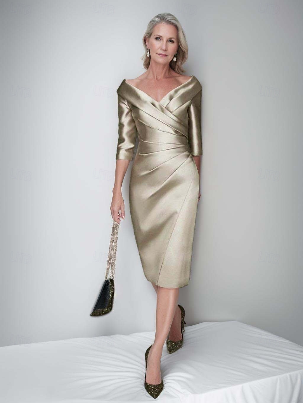 عامودي طول الساق فستان الحفلة فستان كوكتيل فستان زفاف ضيف فستان أم العروس نصف كم V رقبة أنيق عتيق فاخر رسمي ضيف حفل زفاف ساتان فساتين الجاكيتات مع طيات 2026 - $153.99 –P5