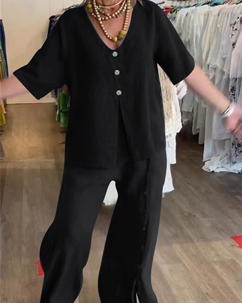 Damen Mode Streetwear Hemd Baumwoll-Leinen-Sets Zweiteilige Sets Leinenhosen Hosen Hose Kurzarm V Ausschnitt Einfarbig Kordelzug Alltagskleidung Date Schwarz Weiß Blau Sommer Normale Passform 2025 - $29.99 –P2