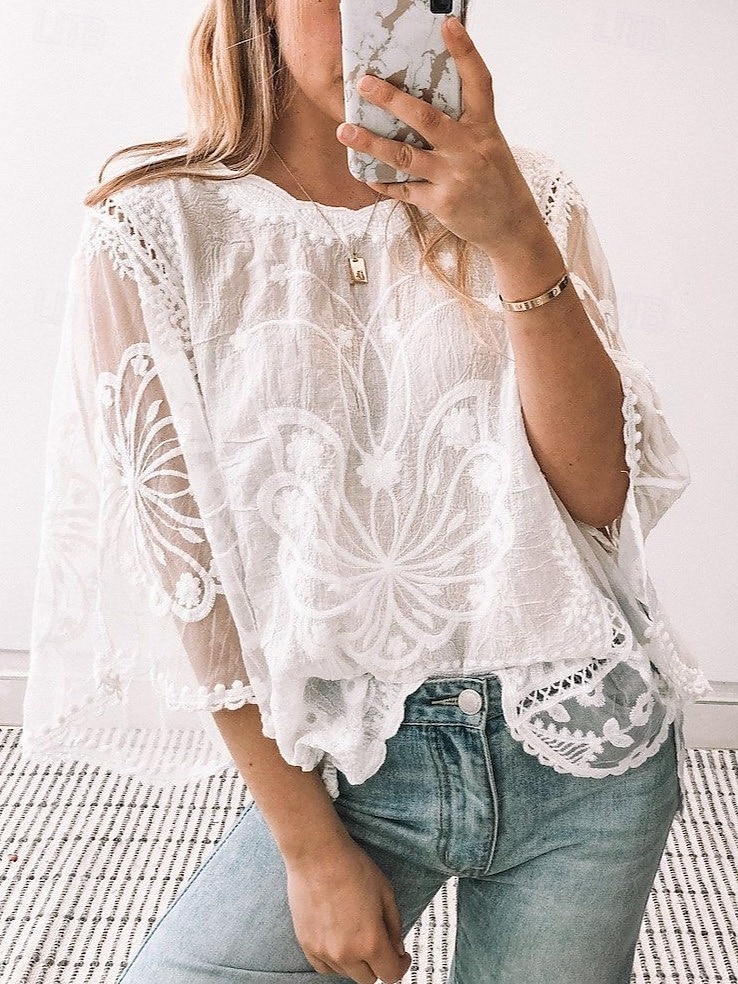 Per donna Camicia Camicia in pizzo Top con cuciture in pizzo Blusa Tinta unica Elegante Moda Informale Mezza manica Maniche ad aletta Girocollo Top regolari Invitati del matrimonio Giornaliero Per del 2025 a $27.99 –P2