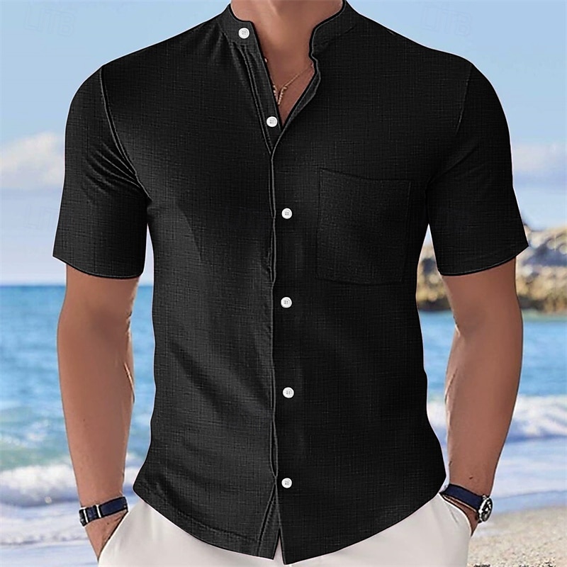 Men's Shirt Summer Shirt Casual Shirt Beach Shirt Button Up Shirt Black White Yellow Pink Sky Blue Short Sleeve Plain Grandad Collar Stand Collar Vacation Hawaiian Buttons Clothing Apparel Fashion 2025 - $21.99 –P5
