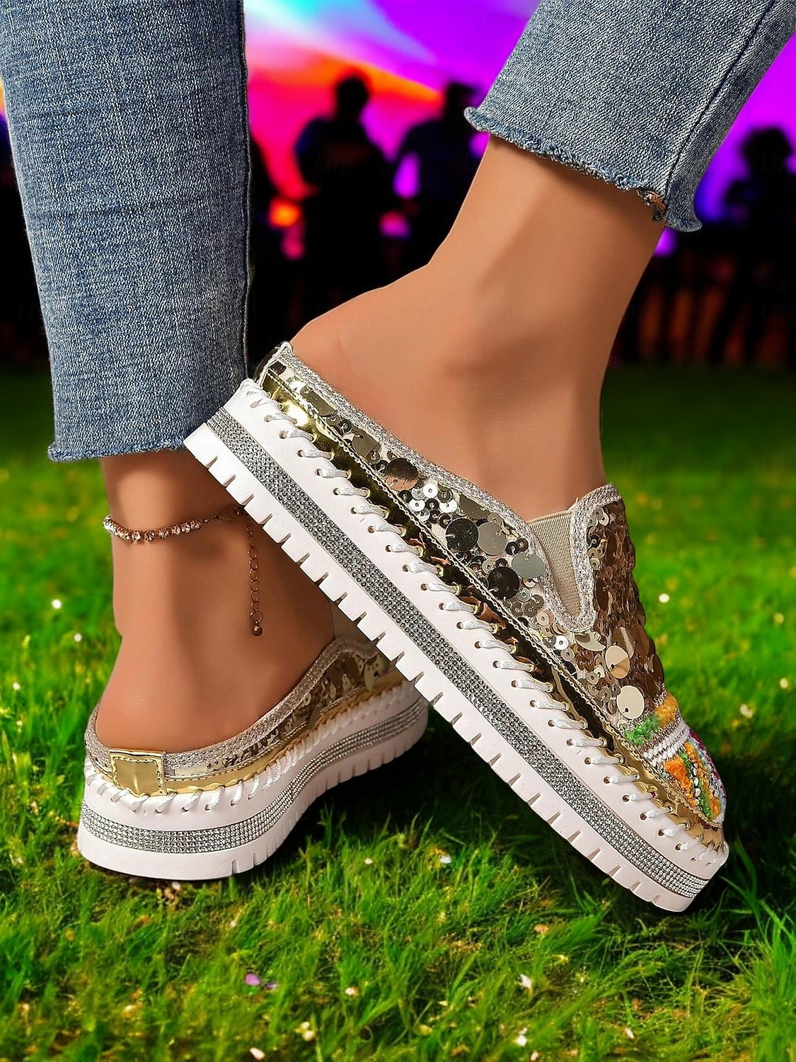 dámské zlaté flitrové tenisky na platformě mules – třpytivé slip-on boty s vyšívanými detaily pro festivaly, párty a street fashion 2025 - $34.99 –P8