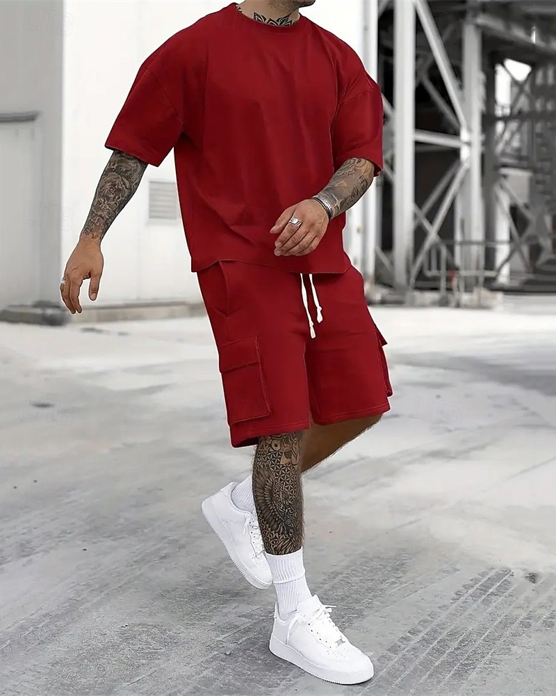 Men's Workout Set Tracksuit T shirt & Shorts Set Outfit Set Crew Neck Outdoor Daily Sports Pocket Drawstring 2 Piece Plain Black Red Green Polyester Activewear Classic Casual Summer 2026 - $36.99 –P8