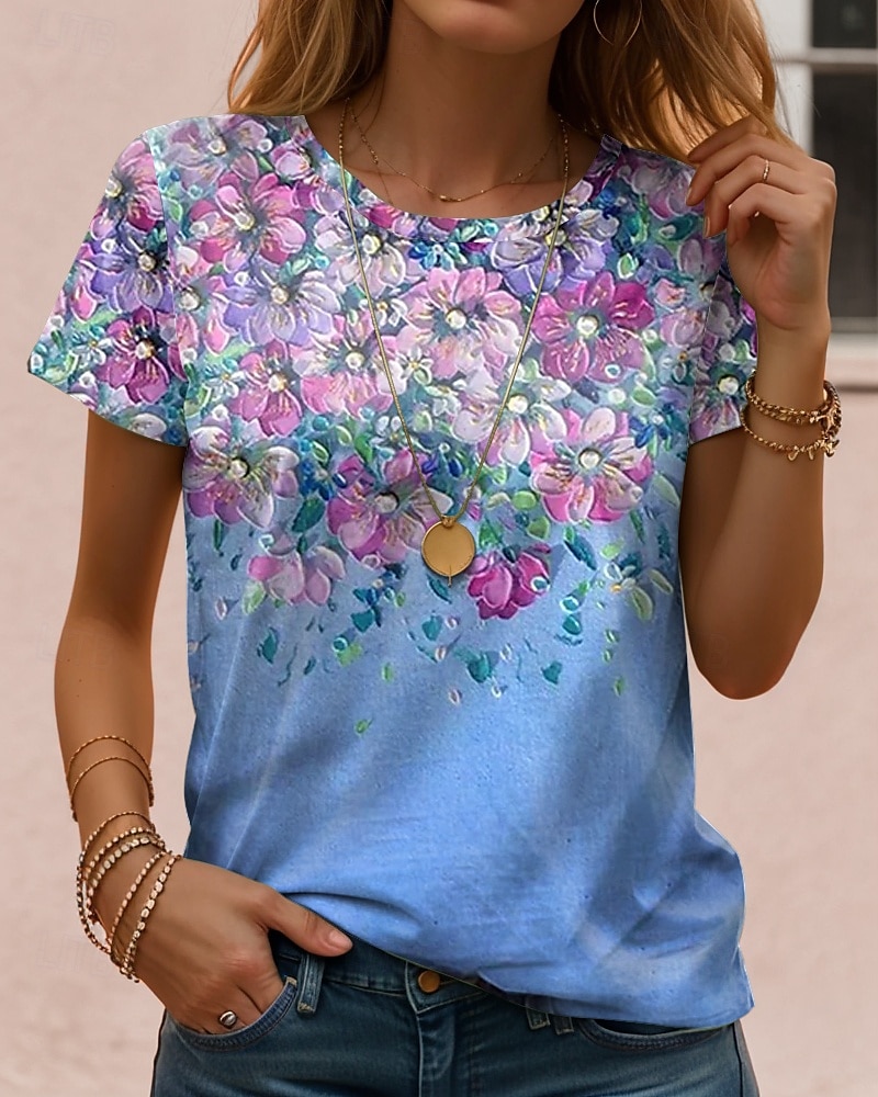 Women's T Shirt Floral Casual Short Sleeve Round Neck Regular Tops Daily Print Pink Blue Green Summer 2025 - $19.99 –P2