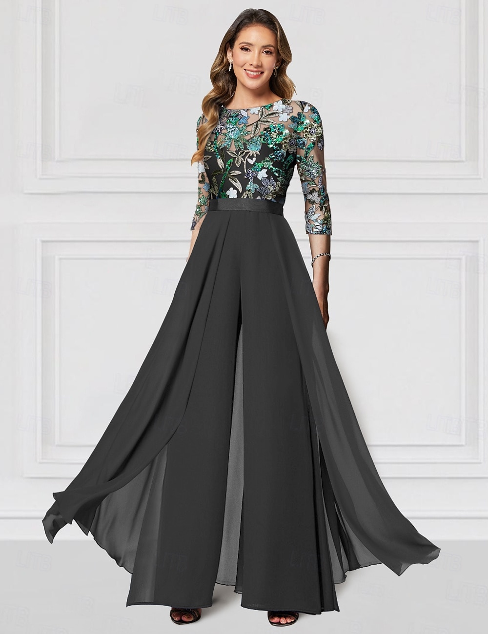 Floral Jumpsuit Embroidered Mother of the Bride  Formal Wedding Elegant Vintage Illusion Neck Floor Length Chiffon Half Sleeve with Sequin Derby  Race Day Dress 2025 2025 - $159.99 –P1