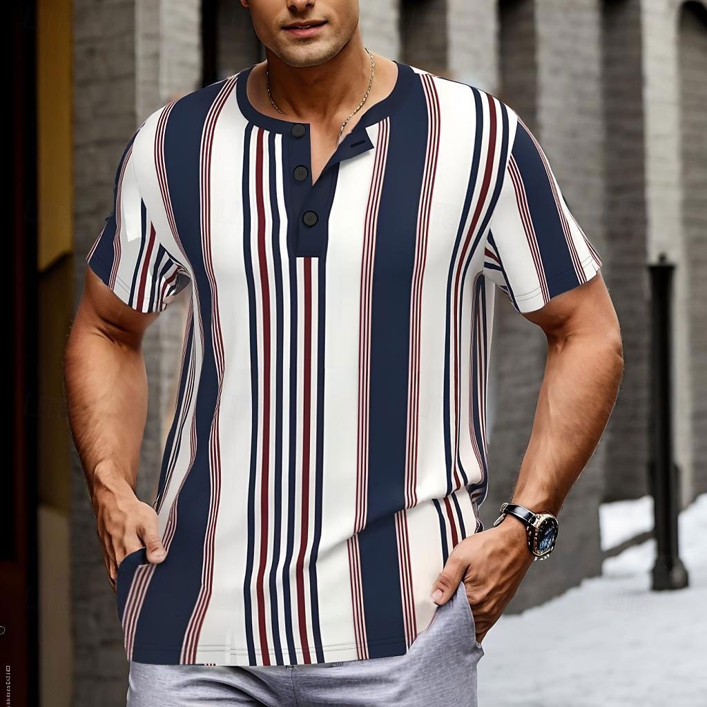 Men's Geometric Stripes T Shirt Henley Shirt Short Sleeve Designer Retro Vintage Street Casual Daily Summer Spring Navy Blue Henley Henley T-Shirt 2025 - $21.99 –P1