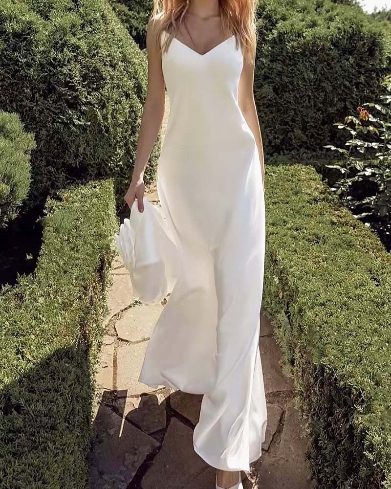 Spiaggia / Destinazione Abiti da sposa Linea-A A V Senza maniche Lungo Raso Abiti da sposa Abiti da sposa Con Tinta unita 2025 del 2025 a $193.99 –P3