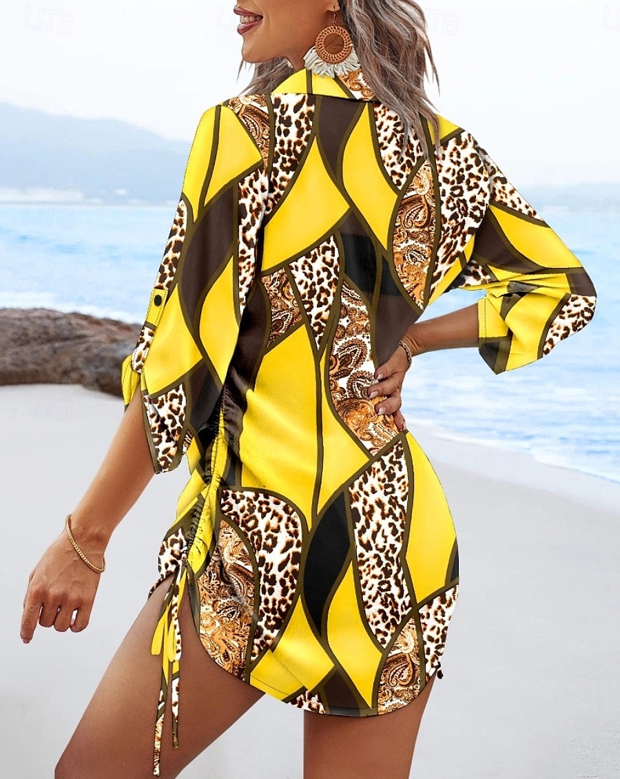 Dame Mini kjole Sexy kjole Elegant kjole Elegant Normal Leopard Geometrisk Langermet V-hals Gul Rød Blå Grønn Høst 2025 - $22.99 –P6