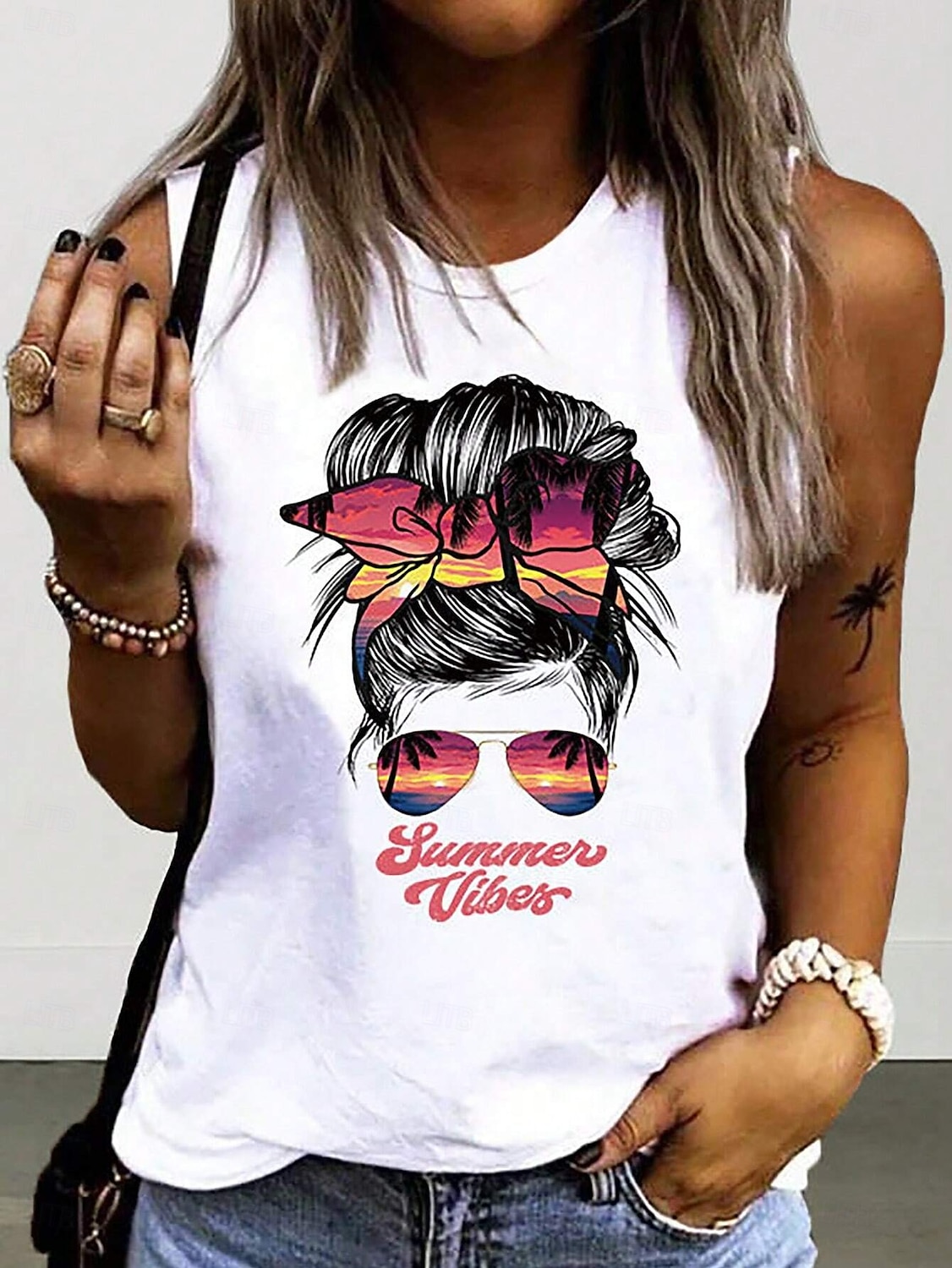 Top de femei cu bretele fără mâneci casual guler rotund stilat print grafic alb vară 2025 - $17.99 –P1