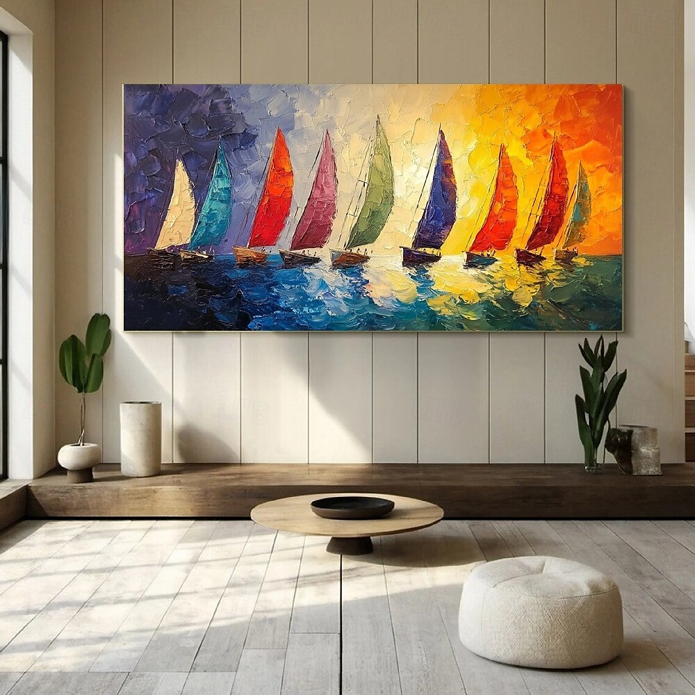 hellblaues Meereslandschafts-Segelboot-Ölgemälde, handgemalte Wandkunst, abstraktes Strand-Meereslandschaftsgemälde auf Leinwand, Wohnzimmer-Wandgemälde, riesiges extragroßes Wandkunstgemälde-Dekor 2025 - $125.99 –P4