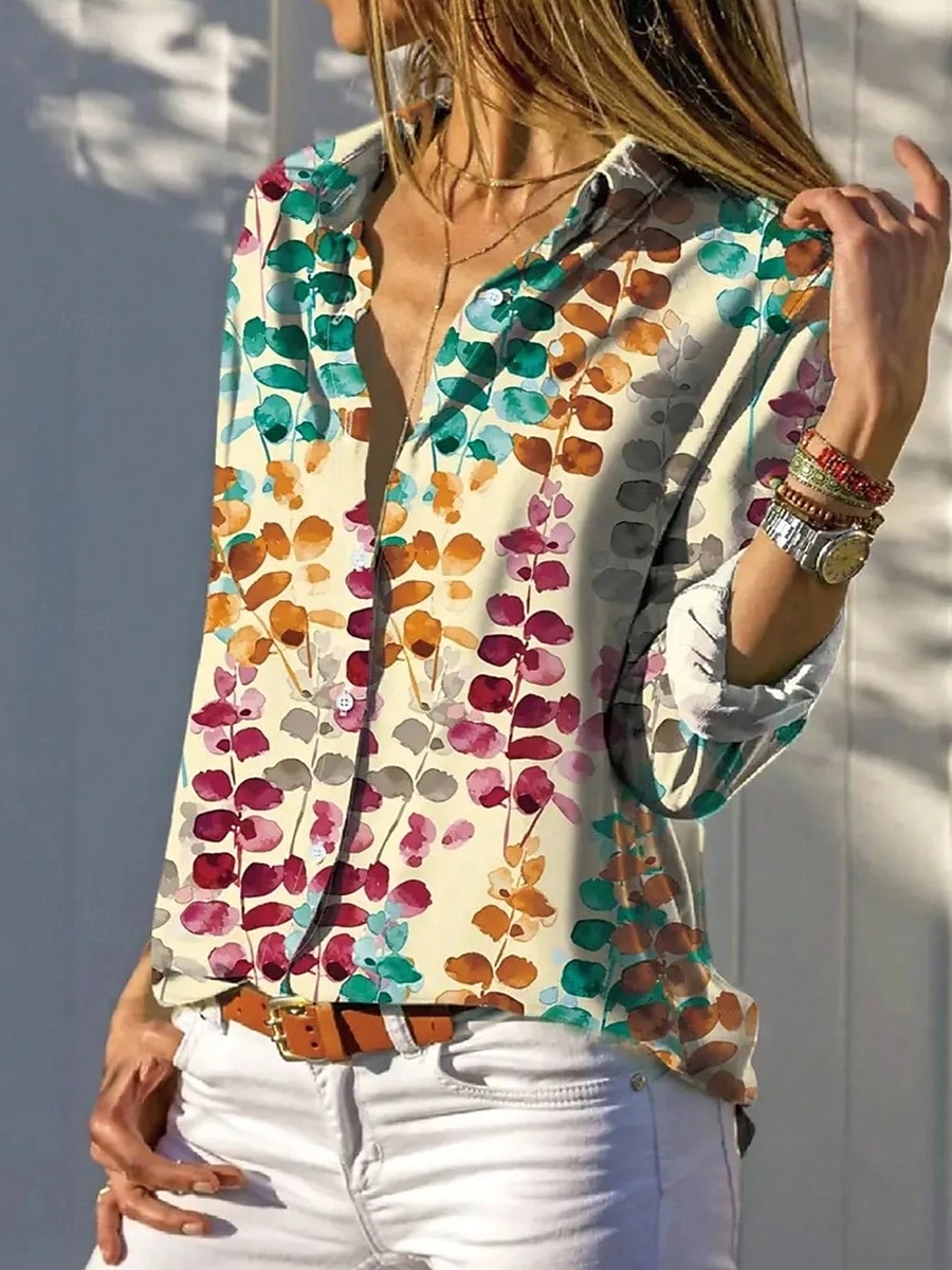Women's Shirt Leaves Casual Long Sleeve Shirt Collar Regular Tops Work Daily Buttons Print Khaki Spring Fall 2025 - $32.99 –P1