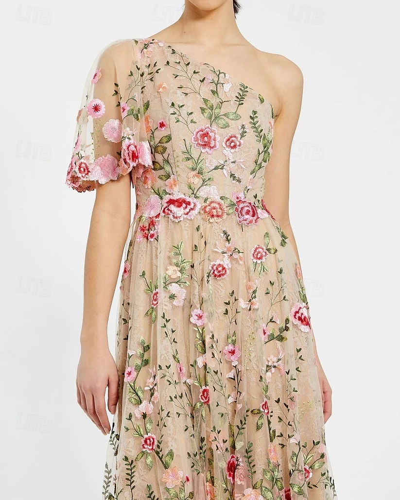 Blumengesticktes A-Linie Kleid Mutter der Braut Kleid Elegant Vintage Ein-Schulter Knöchellang Tüll Kurzarm mit Blume Hochzeitsgastkleid 2025 - $138.99 –P3