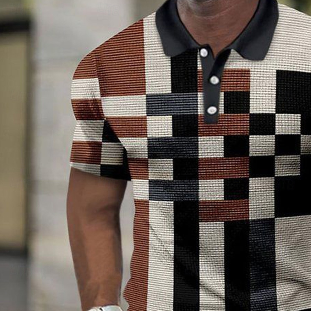 Herre Fargeblokk Vaffel poloskjorter Kortermet Poloskjorter Skjorter med krage Business Casual Virksomhet treningsklær Friluftslklær Knapper 3D-utskrift Sommer Svart 2025 - $22.99 –P2