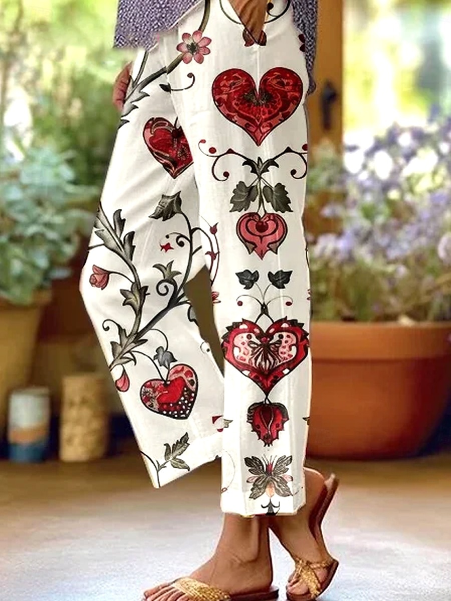 Kvinnors Bomull Linne Byxor Baggy Byxor Linne Likt Elegant Vintage Mode Full längd Hög Midja Blommönster Tryckning Andningsbar Mjuk Mikro-elastisk Utomhus Vardags Linne Likt risvit Regular Fit 2025 - $32.99 –P1