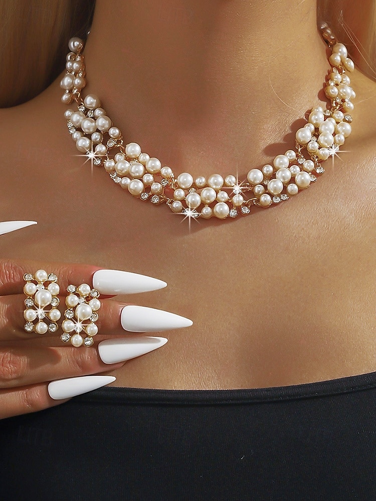 Conjunto de collar y pendientes de perlas de imitación de lujo: elegante joyería nupcial bañada en oro para bodas, fiestas y eventos formales 2026 - $11.99 –P1