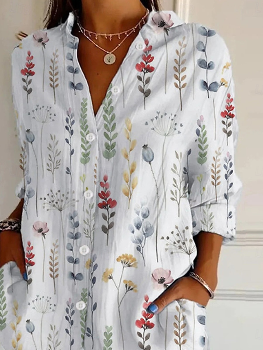 Damenbluse aus leinenähnlichem atmungsaktivem leichtem knöpfbarem Tunika-Shirt mit Kragen langen Ärmeln floralem Grafikdesign täglich stilvoll retro vintage regelmäßige Tops Alltag Urlaub Ausgehen 2026 - $36.99 –P2