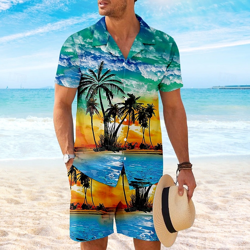 Férfi Kókuszpálma 2db Ingek készletek Ing Rövid ujjú Rövid nadrág Kubai nyakörv Szabadság Hawaii Parti Hétköznapi Napi 3D nyomtatás Nyár Robin Tojáskék Sárga 2025 - $37.99 –P1