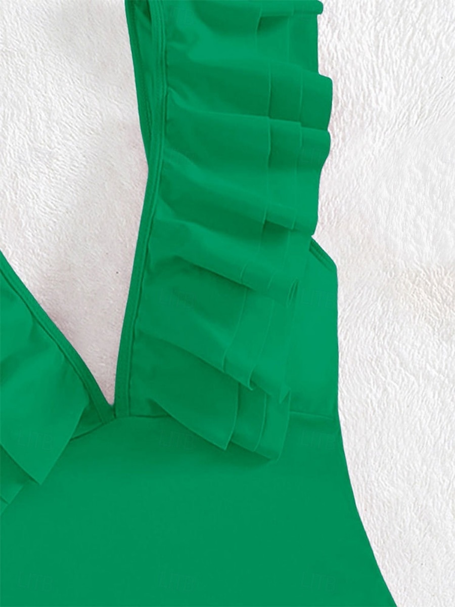 Dames Zwemkleding Een stukje Monokini Zwempak Ruche Blote rug Buikcontrole Hoge taille Slank Vakantie Strand Kleding Effen Kleur V-hals Mouwloos Badpakken 2025 - $26.99 –P12