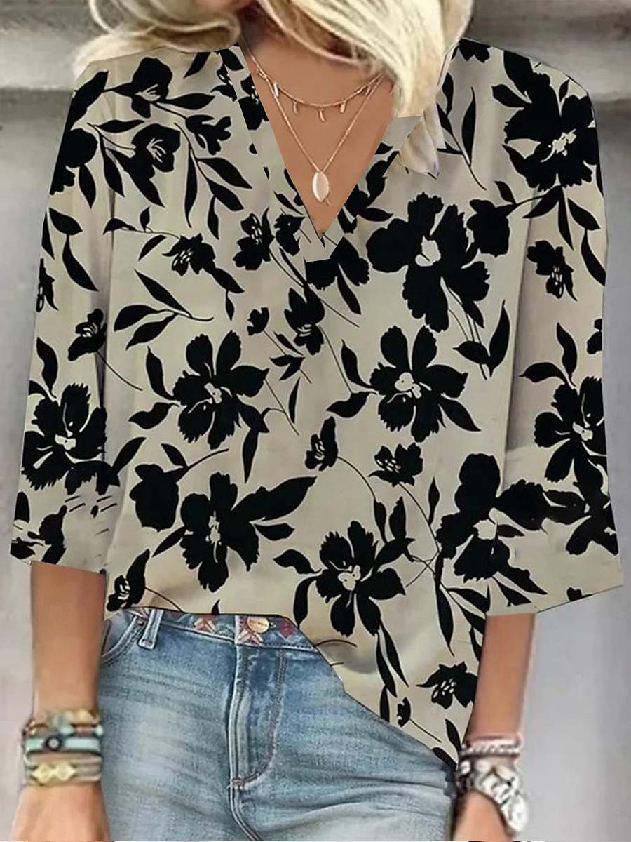 Dames Shirt Bloemen Stijlvol Strand Korte Mouw V Hals Regular Tops Dagelijks Print Grijs Lente Herfst 2025 - $25.99 –P1