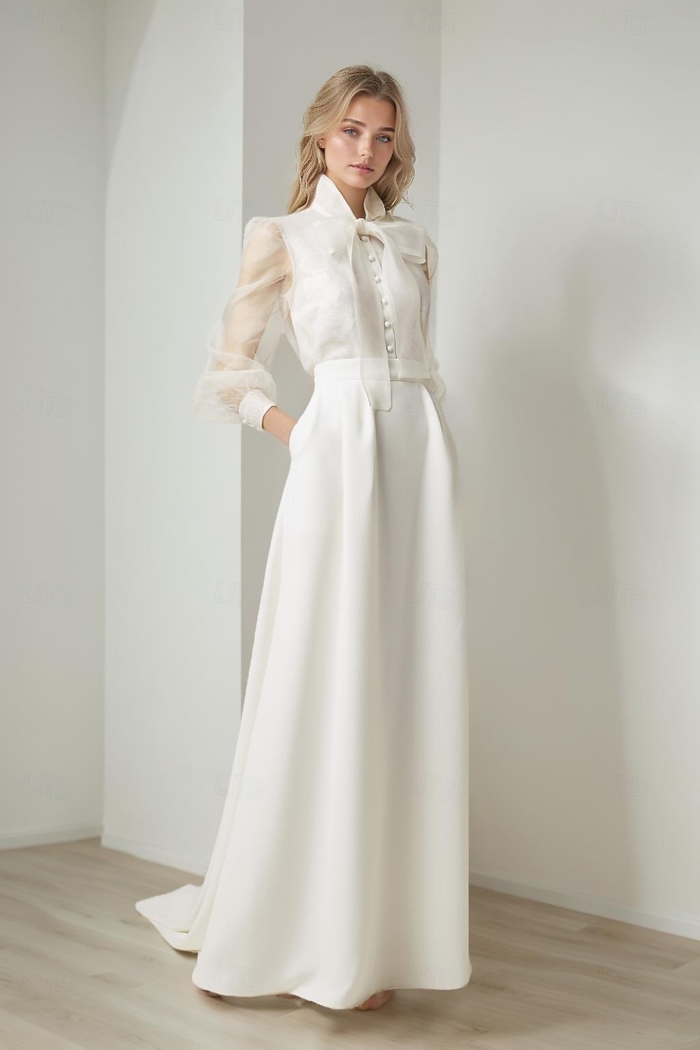 Robe de soirée sirène  trompette élégante formelle mariage traîne de cour manches longues col chemise ceinture  sangle organza avec nœud(s) de 2025 ? $197.99 –P1