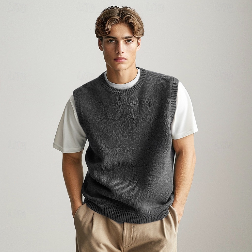 Herren Pullunder Stricken Rundhalsausschnitt Einfarbig Rundhalsausschnitt Strickware Elegant Schule Formell Bekleidung Frühling Herbst Schwarz Marineblau S M L 2025 - $57.99 –P1