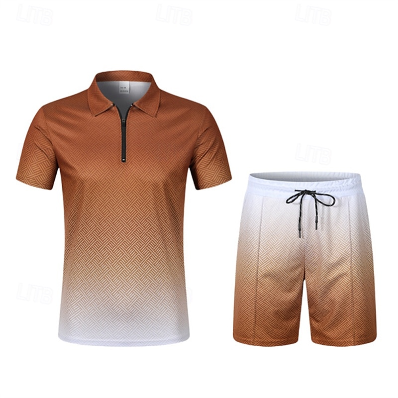 Voor heren T-shirt past 2 stuks outfits T-shirt en korte broek Korte mouw Revers Zomer Kleurenblok Modieus Casual 2-stuks Kwart ritssluiting Vakantie Alledaagse kleding Uitgaan Zwart Bruin Top 2025 - $34.99 –P2