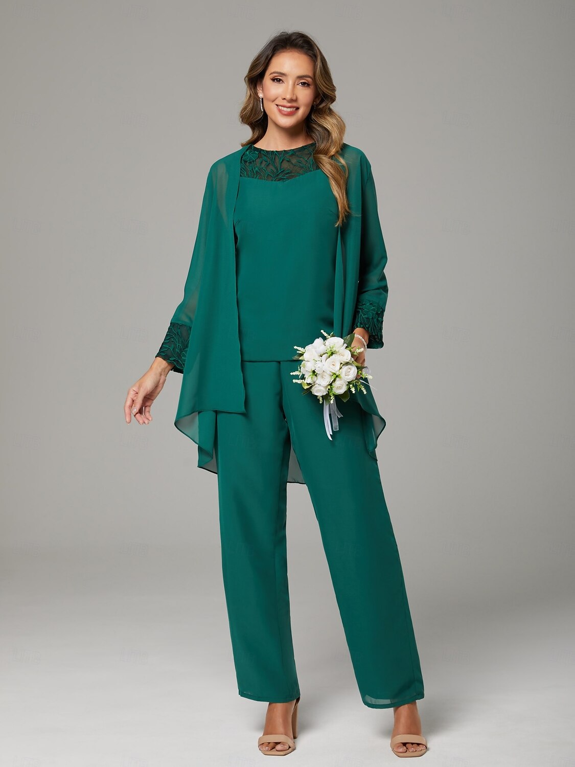 Jumpsuit / Pantsuit Mother of the Bride  Wrap Included Jewel Neck Floor Length Chiffon Lace 3/4 Length Sleeve with Beading 2025 - $176.99 –P1