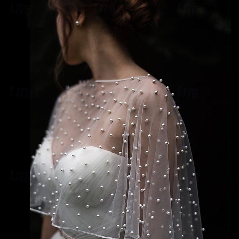 Accesorios de boda, bolero, capa de novia, perlas, capa de boda, parte delantera corta, parte trasera larga, capa envolvente para mujer, chal de noche, blanco 2025 - $28.99 –P2