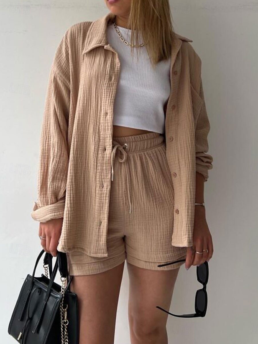 Women's Elegant Fashion Streetwear Shirt Blouse Baggy Shorts Long Sleeve Shirt Collar Solid Color Ruched Outdoor Work Casual Orange Green Khaki Summer Loose Fit 2025 - $35.99 –P4