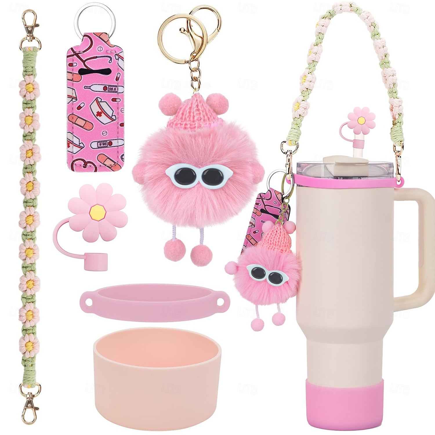 Stanley-Becher, handgewebter Griff, Blumen-Strohhut, Lippenstift-Set, Coal Ball Pixie Glitter-Silikonbecher-Set 2025 - $20.99 –P1