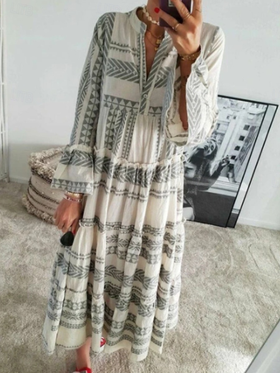 Women's Maxi Dress T Shirt Dress Tee Dress Sundress Ruffle Dress Fit And Flare Dress Vacation Vacation Daily Regular Fit Graphic Long Sleeve V Neck Red Gray Summer 2025 - $24.99 –P4