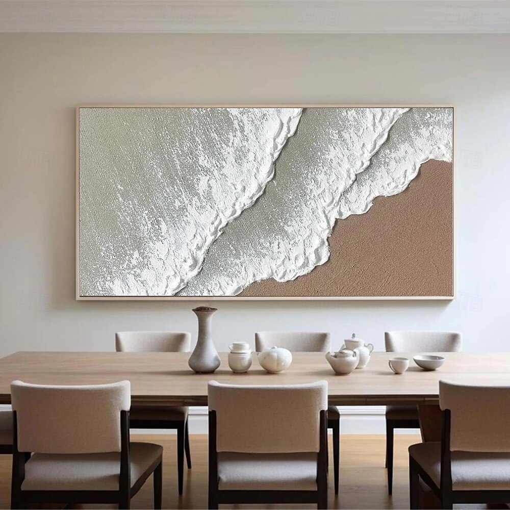 peinture à l'huile sur toile faite à la main représentant des vagues de l'océan, peinture abstraite de plage peinte à la main, art mural blanc, peinture texturée 3D marron, peinture de plage marron, de 2025 ? $75.99 –P4