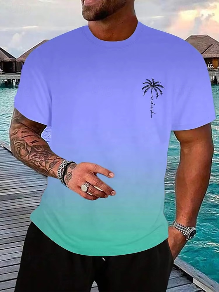 Herren T-Shirt Kurzarmshirt Kurzarm Rundhalsausschnitt Frühling & Herbst Kokospalme Buchstabendruck Mode Designer Ombre-Design Urlaub Straße Ausgehen Dunkellila Rosa und Grün Rosa Azul Top T-Shirt 2025 - $13.49 –P2