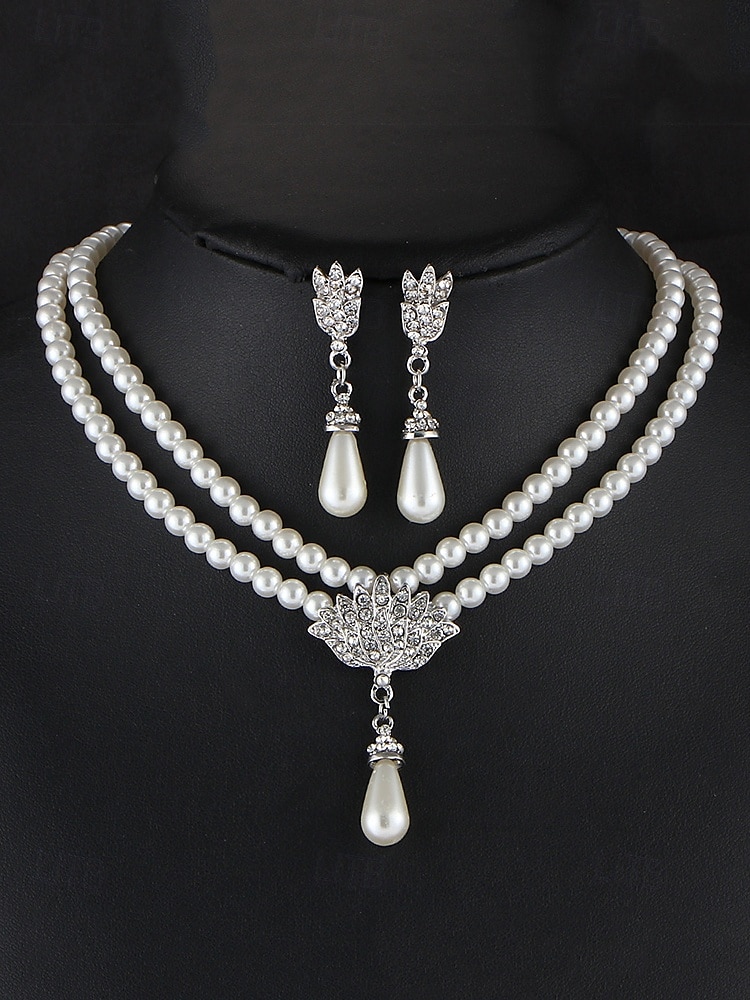 Elegante conjunto de joyas nupciales de perlas: collar de doble capa y aretes colgantes con detalles de diamantes de imitación, accesorios de boda vintage para mujeres, joyas formales para fiestas y veladas 2025 - $11.99 –P5