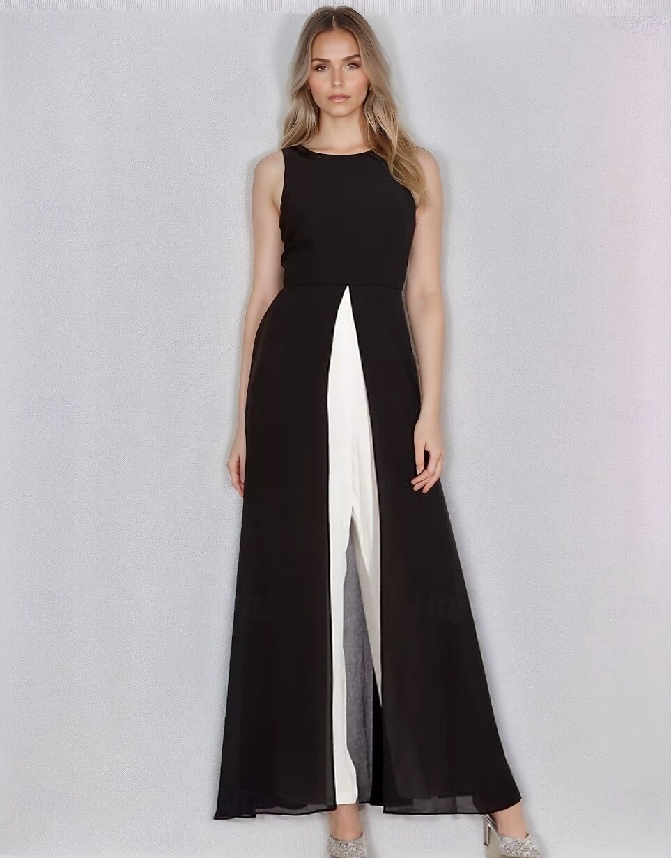Combinaisons noires et blanches mère de la mariée mariage formelle élégante col bijou longueur de sol stretch chiffon sans manches avec blocs de couleurs de 2025 ? $138.99 –P1