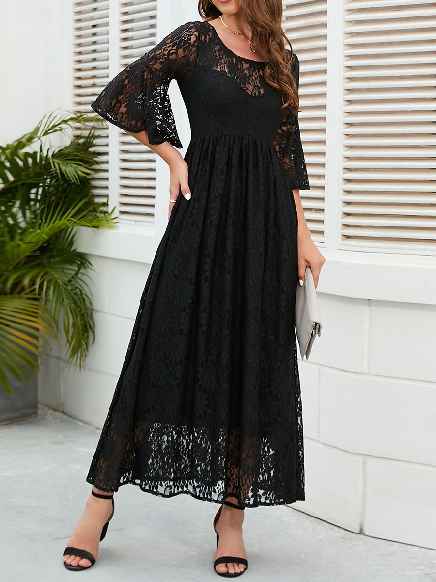 Damskie Sukienka midi Koronkowa sukienka Sukienka maxi Sukienka A line Elegancja Elegancki Codzienny Rozkloszowany rękaw Urlop Impreza Codzienny Regularny Równina Krótki rękaw Półgolf Czarny Wino 2025 - $46.99 –P11