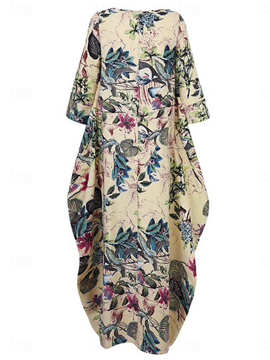 Mujer Vestido maxi Vestidos de lino y algodón Vestido informal Básico Casual Vacaciones Diario Ajuste regular Floral Manga Larga Cuello Barco Magenta Azul Marino Naranja Verano 2025 - $32.99 –P6